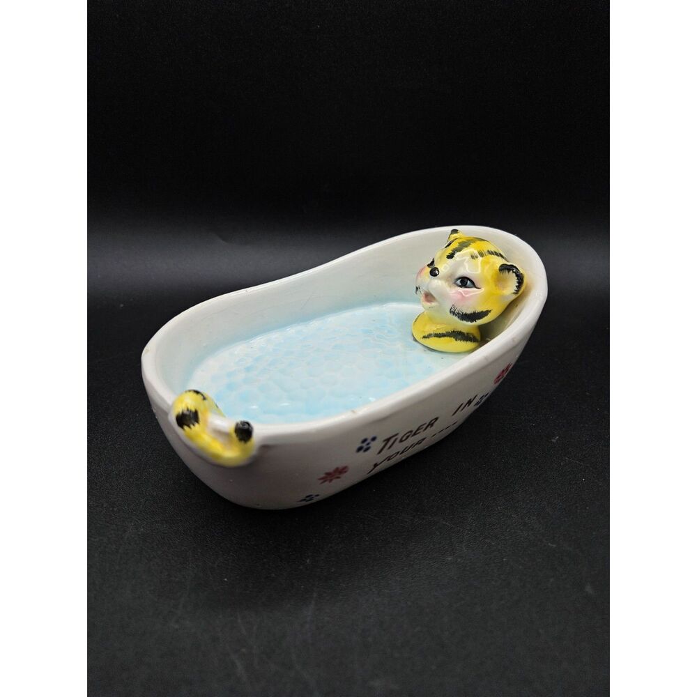 Vintage Tiger in the Bathtub Kitchy Figurine Soap Dish Trinket Holder